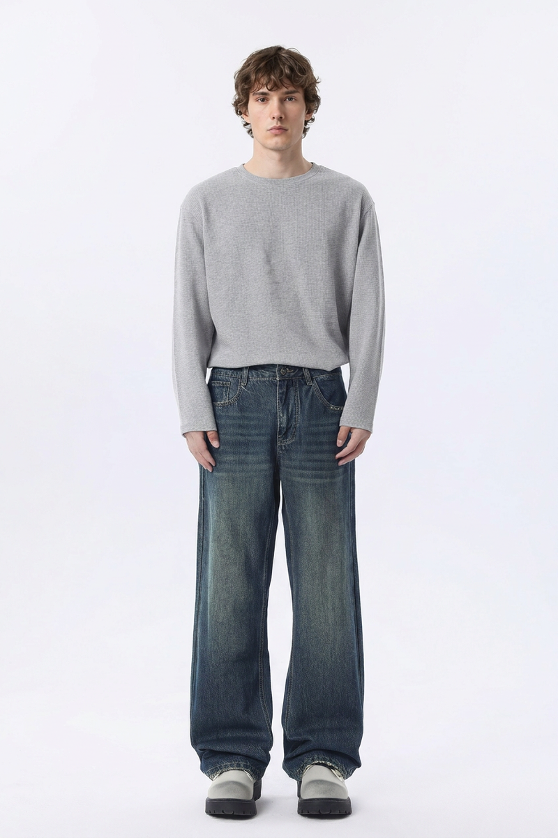 Men's 100% Cotton Vintage Wash Straight Leg Jeans