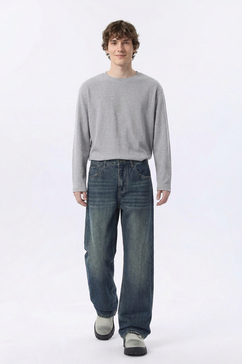 Men's 100% Cotton Vintage Wash Straight Leg Jeans