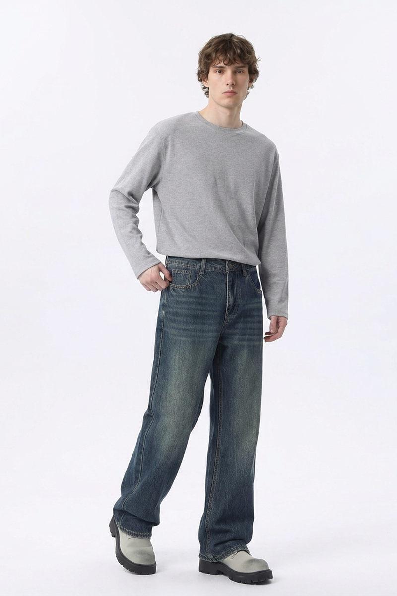 Men's 100% Cotton Vintage Wash Straight Leg Jeans