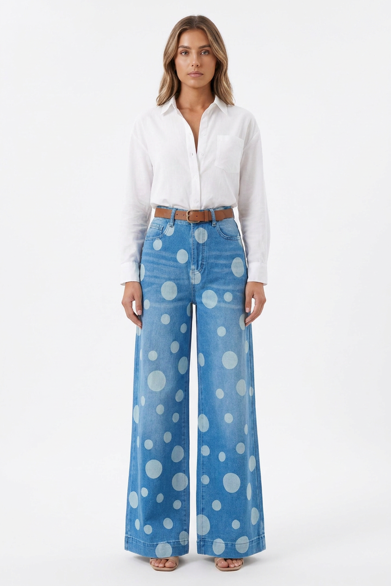 Women's Retro Polka Dot High Waist Wide Leg Jeans