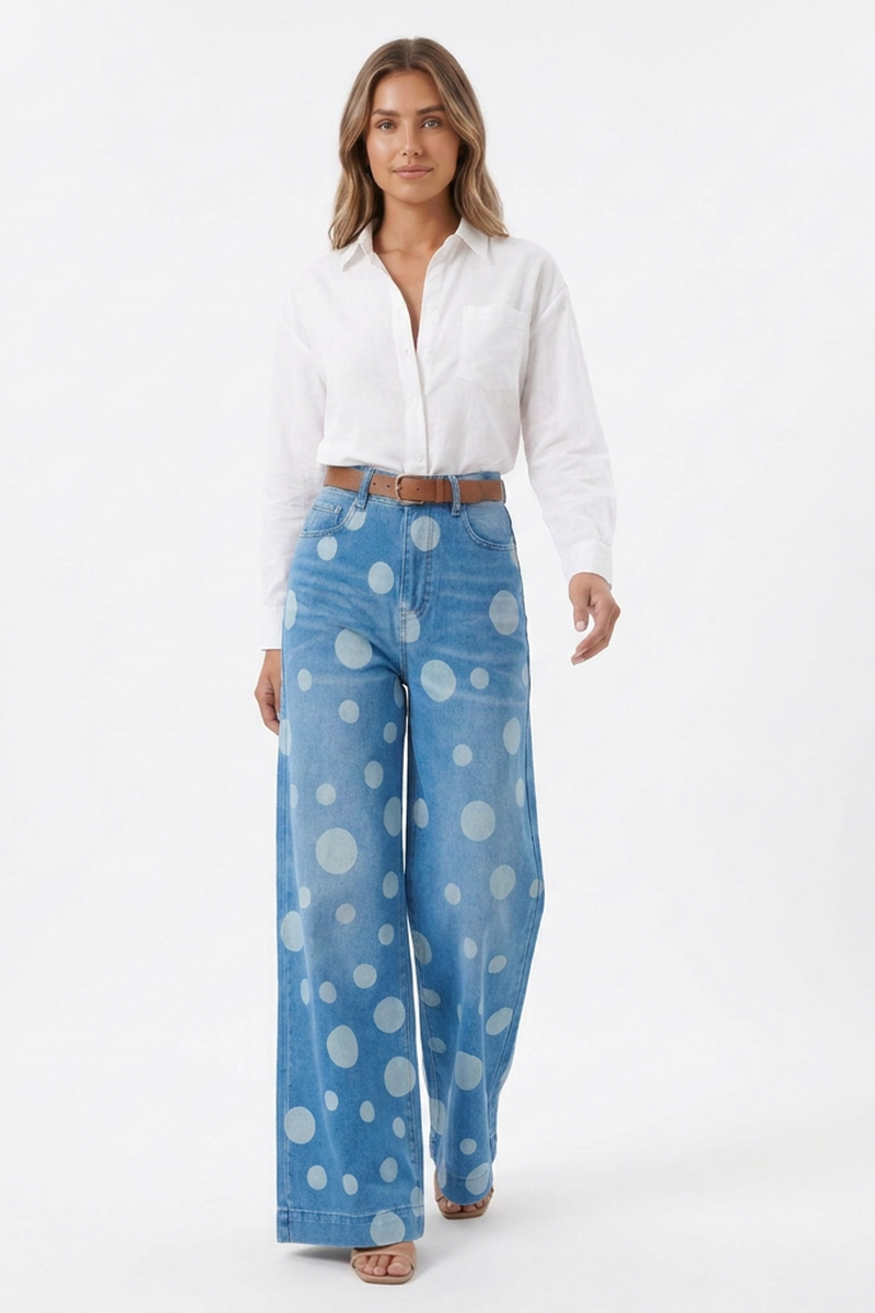 Women's Retro Polka Dot High Waist Wide Leg Jeans