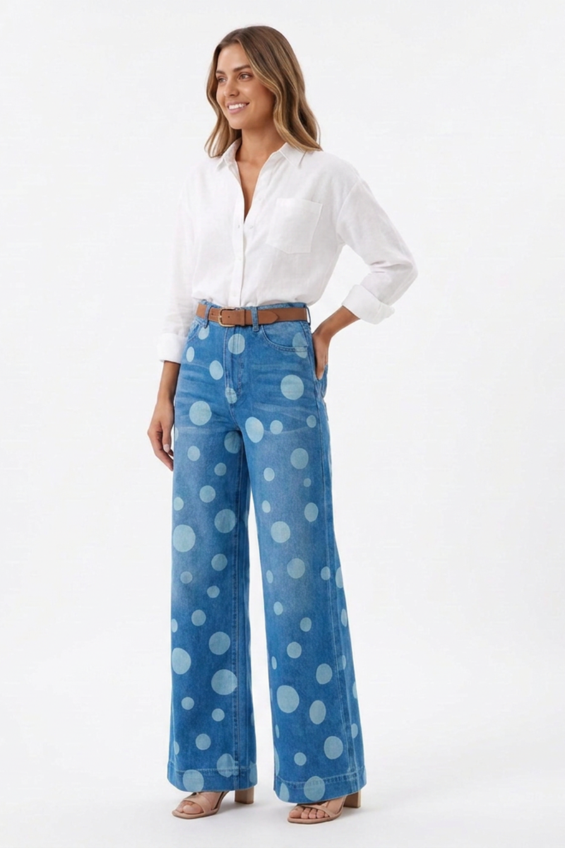 Women's Retro Polka Dot High Waist Wide Leg Jeans