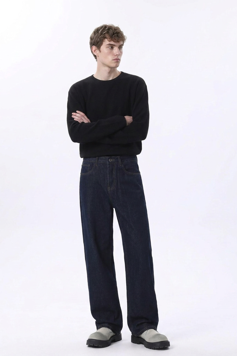 Men's Raw Denim Blue Relaxed Straight Leg Jeans