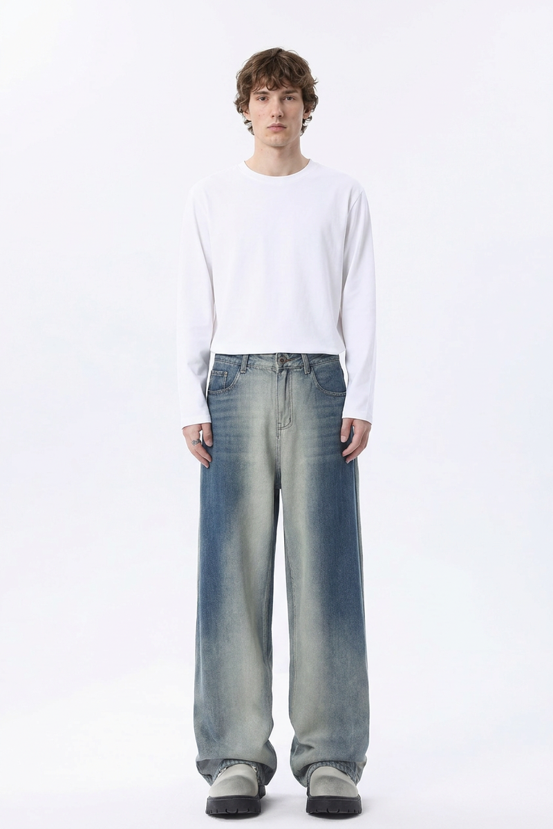 Men's Gradient Blue Relaxed Wide Leg Jeans