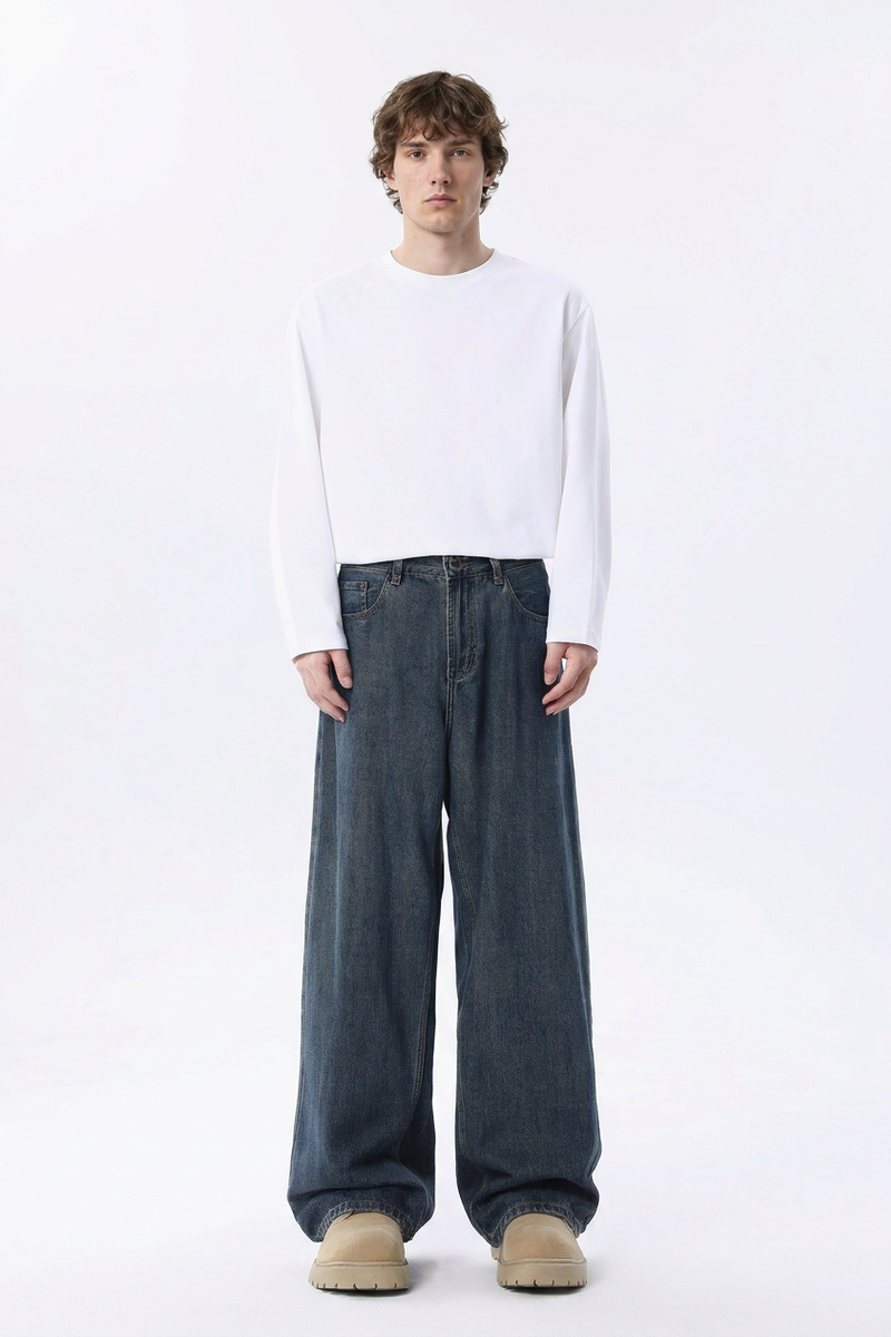 Men's 100% Cotton Vintage Relaxed-Fit Wide Leg Jeans