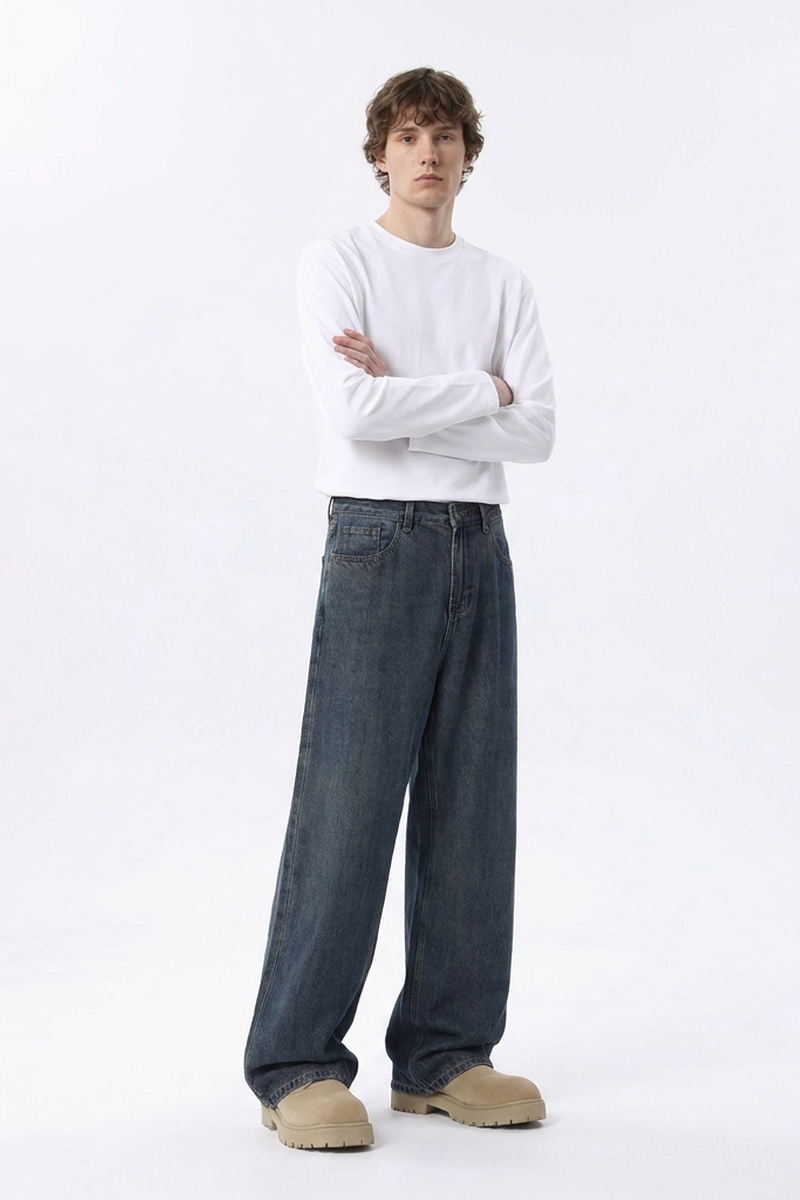 Men's 100% Cotton Vintage Relaxed-Fit Wide Leg Jeans