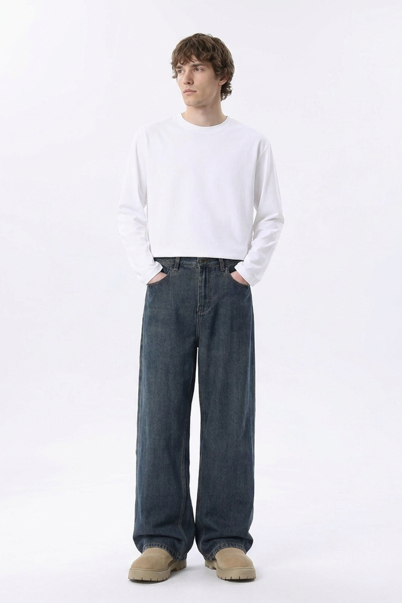 Men's 100% Cotton Vintage Relaxed-Fit Wide Leg Jeans