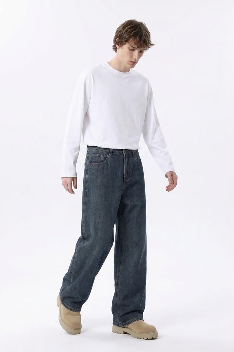 Men's 100% Cotton Vintage Relaxed-Fit Wide Leg Jeans