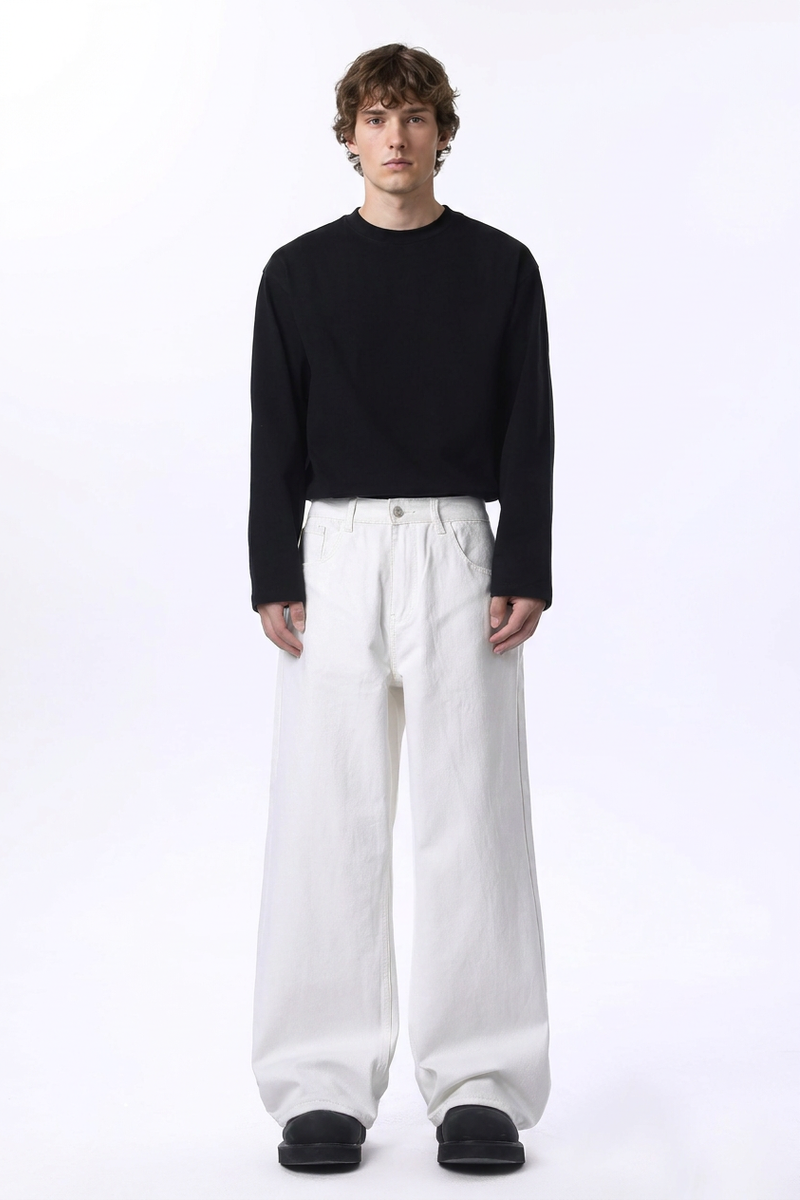 Men's Fall 100% Cotton  Clean White Loose Fit Wide Leg Jeans