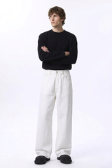 Men's Fall 100% Cotton  Clean White Loose Fit Wide Leg Jeans
