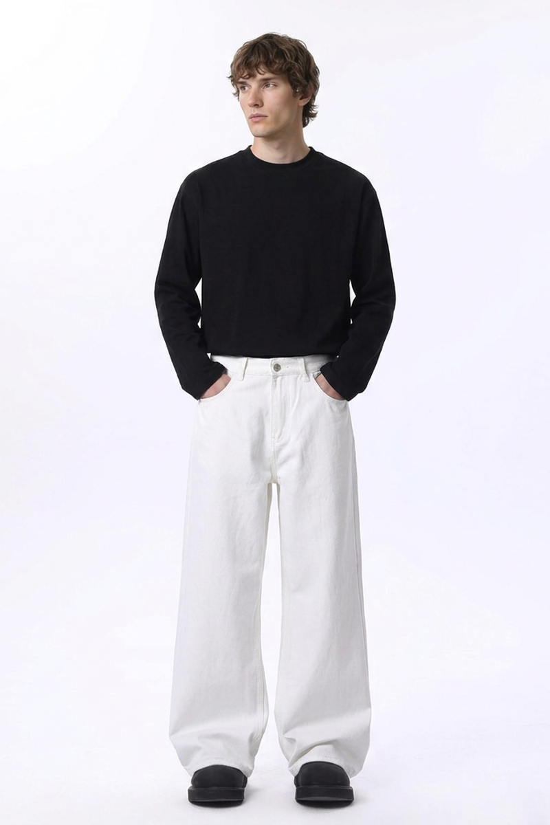 Men's Fall 100% Cotton  Clean White Loose Fit Wide Leg Jeans