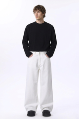 Men's Fall 100% Cotton  Clean White Loose Fit Wide Leg Jeans
