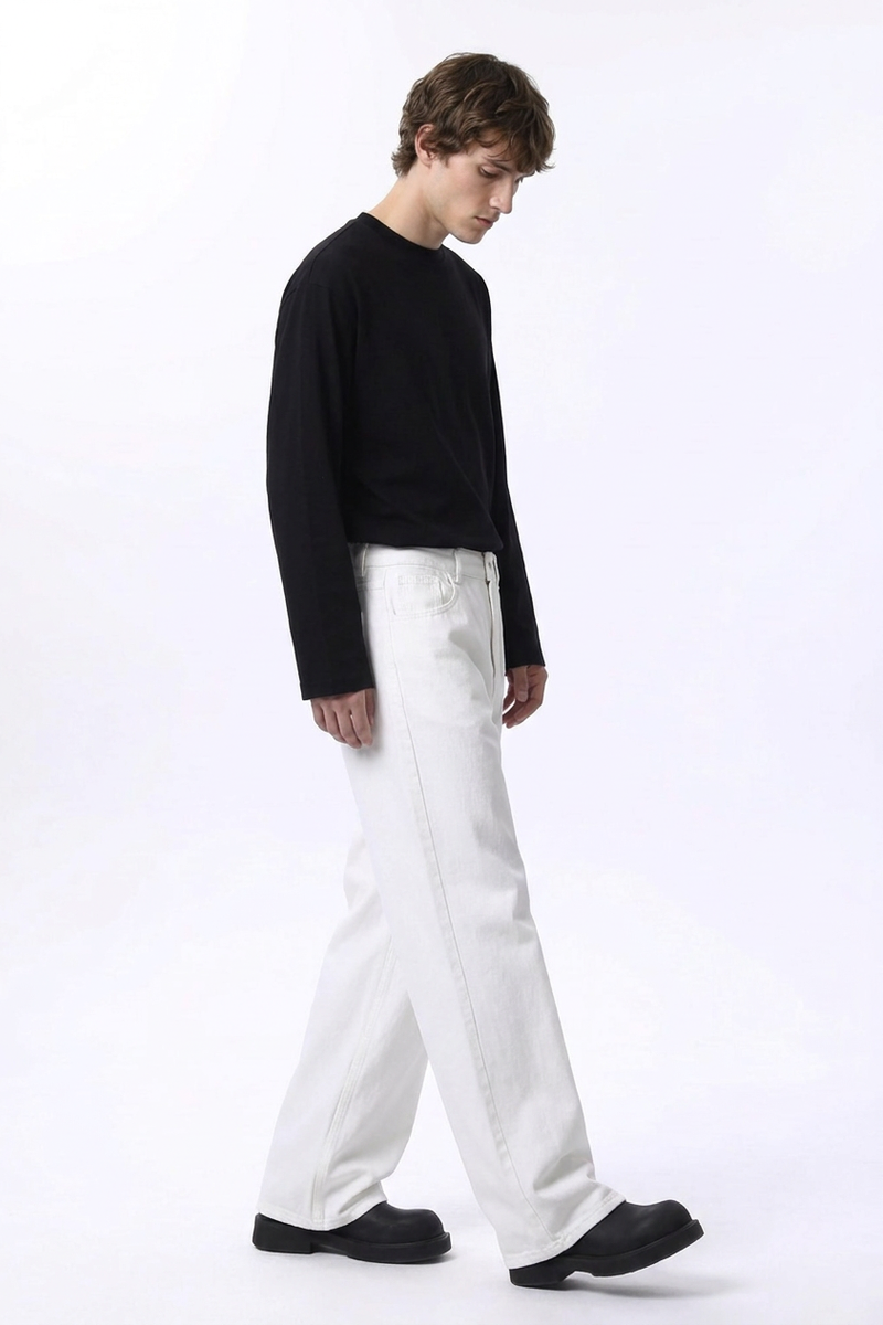 Men's Fall 100% Cotton  Clean White Loose Fit Wide Leg Jeans