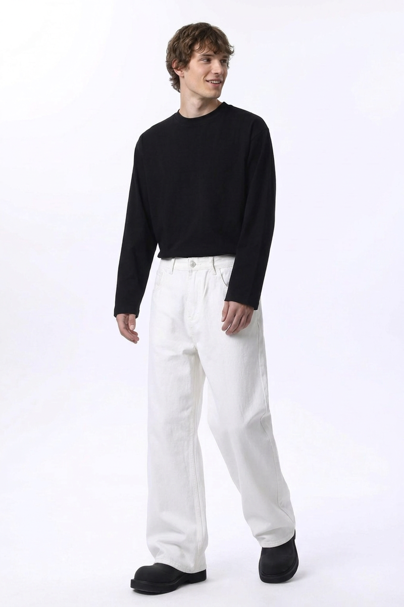 Men's Fall 100% Cotton  Clean White Loose Fit Wide Leg Jeans