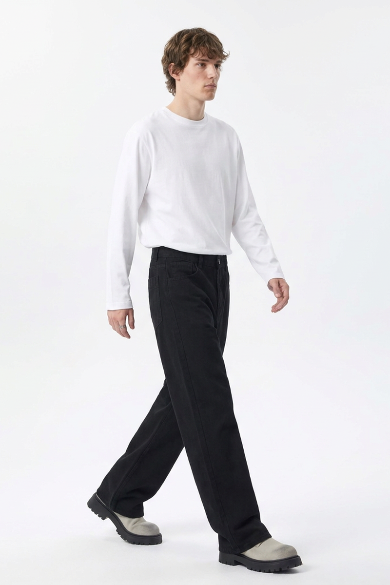 Men's 100% Cotton Pure Black Wash Loose Fit Wide Leg Jeans