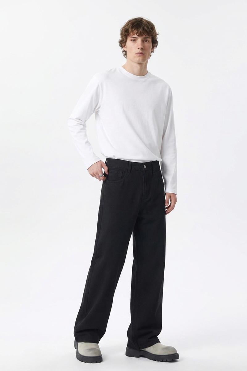 Men's 100% Cotton Pure Black Wash Loose Fit Wide Leg Jeans