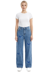 Women's Vintage Wash Butterfly Appliqué Wide-Leg Jeans
