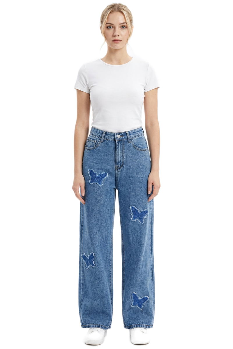 Women's Vintage Wash Butterfly Appliqué Wide-Leg Jeans