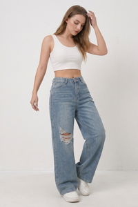 Women's Vintage Wash Wide-Leg Ripped Jeans