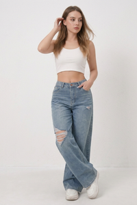 Women's Vintage Wash Wide-Leg Ripped Jeans