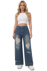 Women's Retro Blue High-Waisted Wide-Leg Ripped Jeans