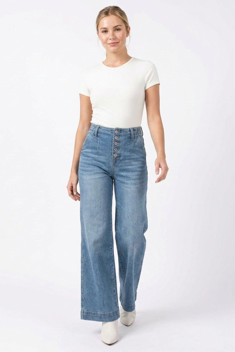 Women's High-Waisted Button-Fly Cuffed Wide-Leg Jeans