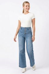 Women's High-Waisted Button-Fly Cuffed Wide-Leg Jeans