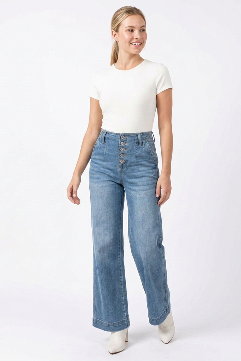 Women's High-Waisted Button-Fly Cuffed Wide-Leg Jeans