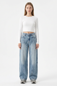Women's Vintage Wash Paneled Wide-Leg Jeans