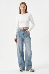 Women's Vintage Wash Paneled Wide-Leg Jeans