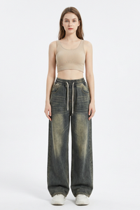 Women's Vintage Wash Drawstring Wide-Leg Jeans