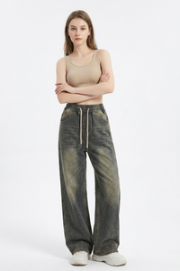 Women's Vintage Wash Drawstring Wide-Leg Jeans