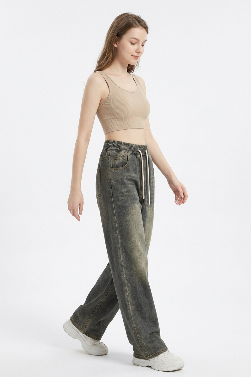 Women's Vintage Wash Drawstring Wide-Leg Jeans