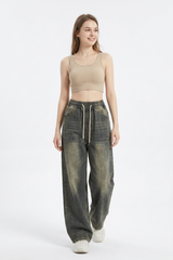 Women's Vintage Wash Drawstring Wide-Leg Jeans