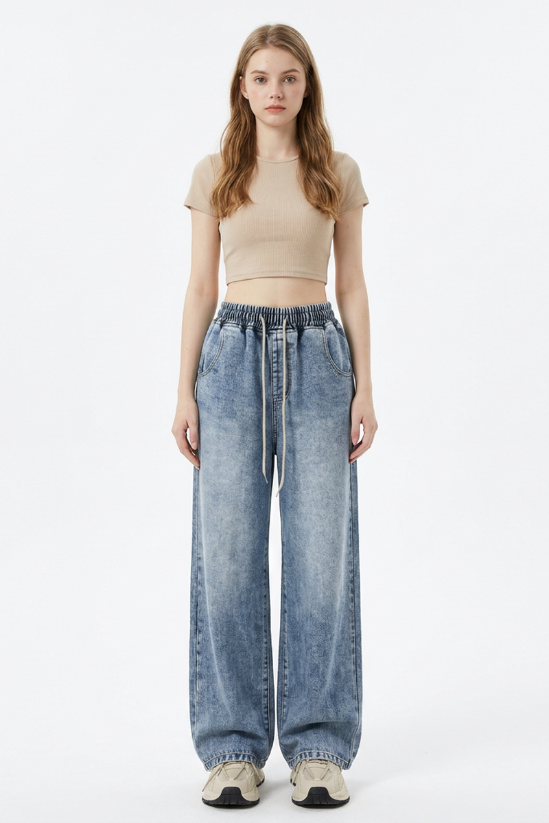 Women's Drawstring Relaxed Wide-Leg Jeans