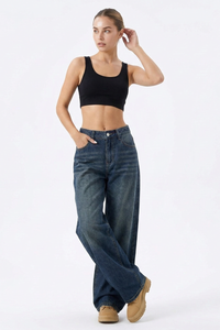 Women's Vintage Wash High-Waisted Relaxed Wide-Leg Jeans