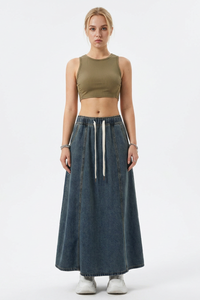 Women's Vintage Wash Drawstring Denim Maxi Skirt