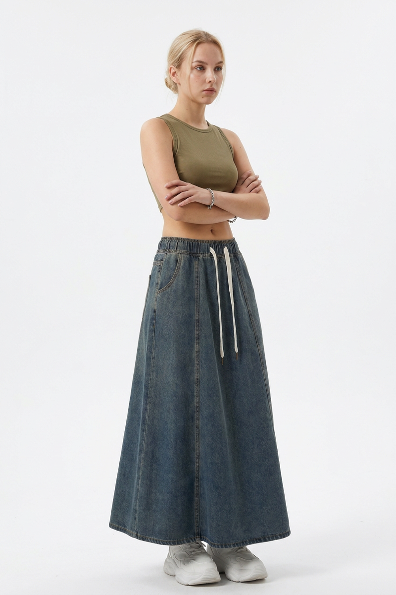 Women's Vintage Wash Drawstring Denim Maxi Skirt