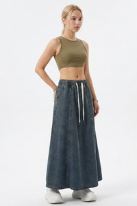 Women's Vintage Wash Drawstring Denim Maxi Skirt