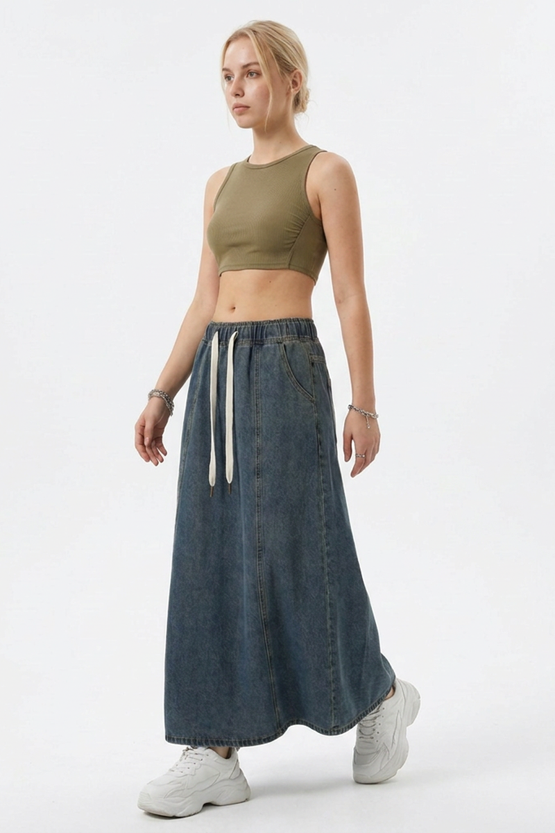 Women's Vintage Wash Drawstring Denim Maxi Skirt