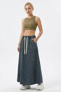 Women's Vintage Wash Drawstring Denim Maxi Skirt