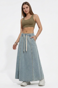 Women's Relaxed Drawstring Denim Maxi Skirt