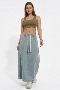 Women's Relaxed Drawstring Denim Maxi Skirt