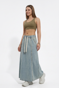 Women's Relaxed Drawstring Denim Maxi Skirt