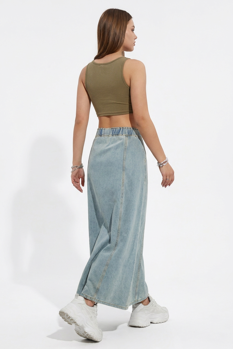 Women's Relaxed Drawstring Denim Maxi Skirt