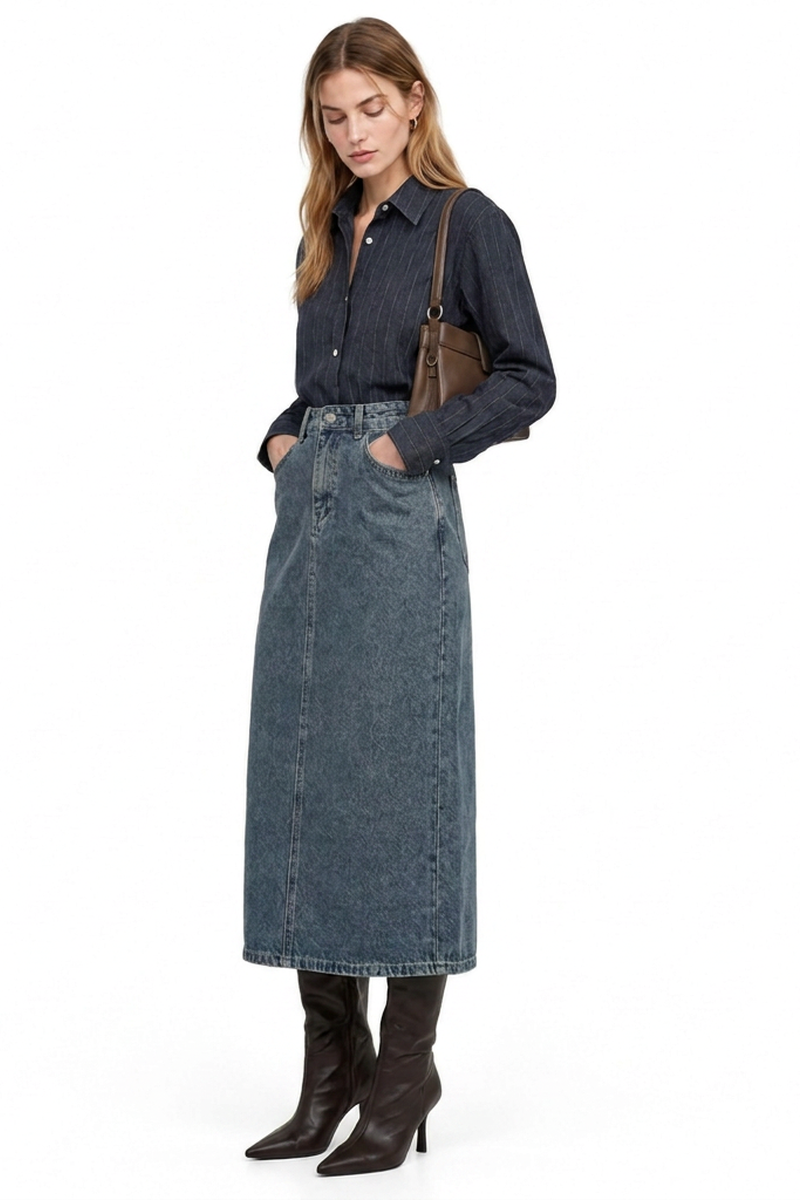 Women's Classic Vintage Wash Denim Midi Skirt