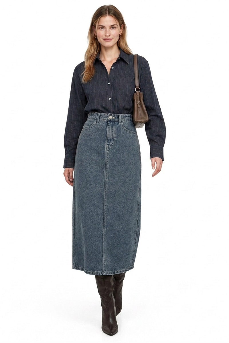 Women's Classic Vintage Wash Denim Midi Skirt