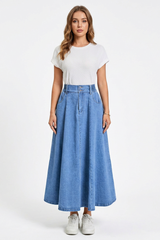Women's High-Waisted Drawstring Denim Midi Skirt