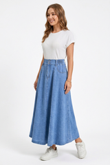 Women's High-Waisted Drawstring Denim Midi Skirt