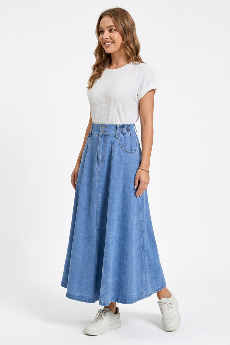 Women's High-Waisted Drawstring Denim Midi Skirt